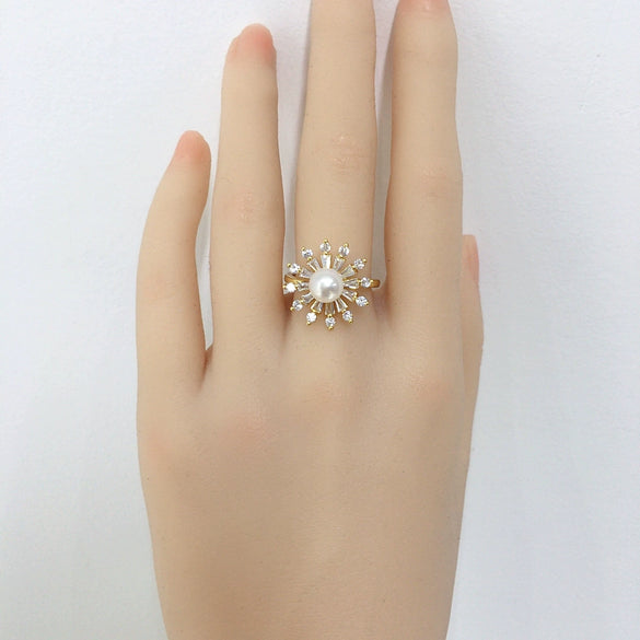 Freshwater Pearl Ring Light Luxury Zircon Sunflower Round Opening Copper Women's