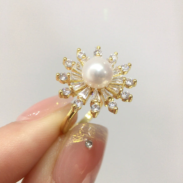 Freshwater Pearl Ring Light Luxury Zircon Sunflower Round Opening Copper Women's
