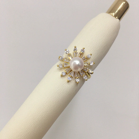 Freshwater Pearl Ring Light Luxury Zircon Sunflower Round Opening Copper Women's