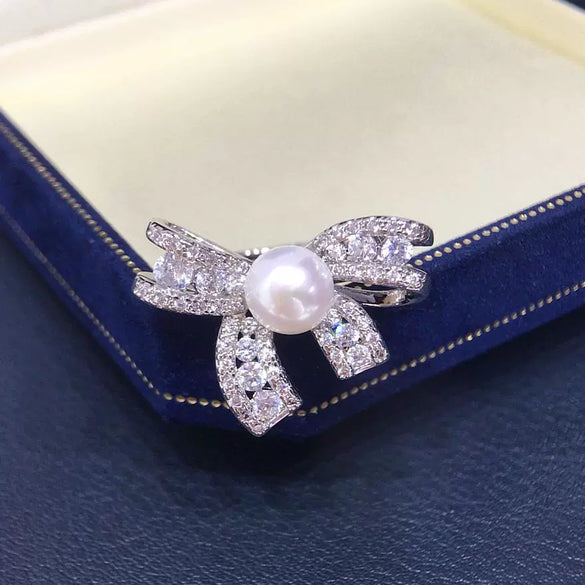 Freshwater Pearl Ring With Copper Bow And Zircon Women's Fashion Jewelry