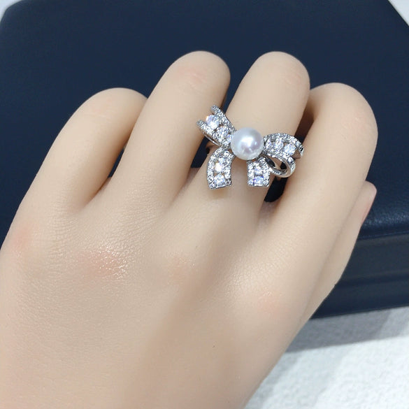 Freshwater Pearl Ring With Copper Bow And Zircon Women's Fashion Jewelry