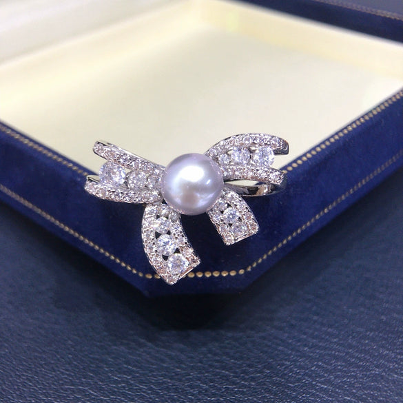 Freshwater Pearl Ring With Copper Bow And Zircon Women's Fashion Jewelry