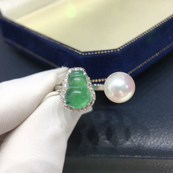 Freshwater Pearl Ring With Copper Natural Chalcedony Agate And Gourd Shape Fashion Style Jewelry