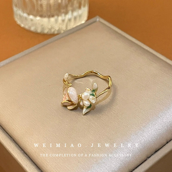 Freshwater Pearl Rose Flower Open Ring Real Gold Electroplated Metal Jewelry For Women