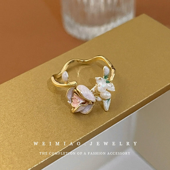 Freshwater Pearl Rose Flower Open Ring Real Gold Electroplated Metal Jewelry For Women