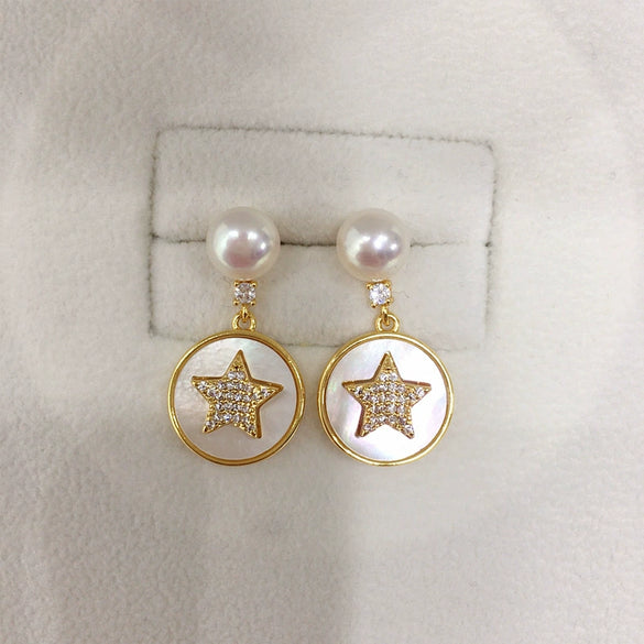 Freshwater Pearl Sea Shell Star Oblate Women's Earrings S925 Sterling Silver 18K Goldfilled