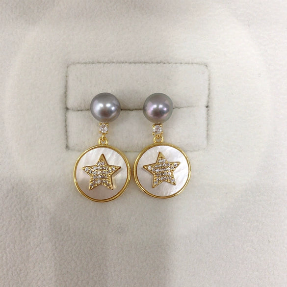Freshwater Pearl Sea Shell Star Oblate Women's Earrings S925 Sterling Silver 18K Goldfilled
