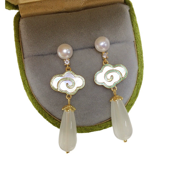 Freshwater Pearl Sea Shells Chalcedony Earrings S925 Sterling Silver Oblate Shape For Women