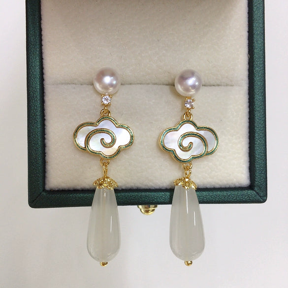 Freshwater Pearl Sea Shells Chalcedony Earrings S925 Sterling Silver Oblate Shape For Women