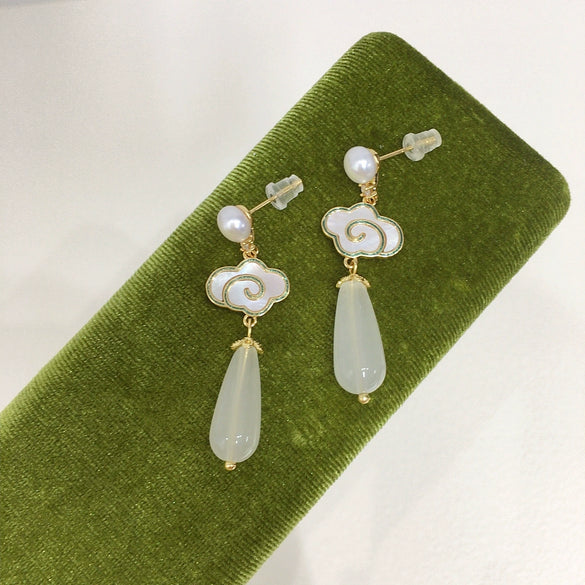 Freshwater Pearl Sea Shells Chalcedony Earrings S925 Sterling Silver Oblate Shape For Women