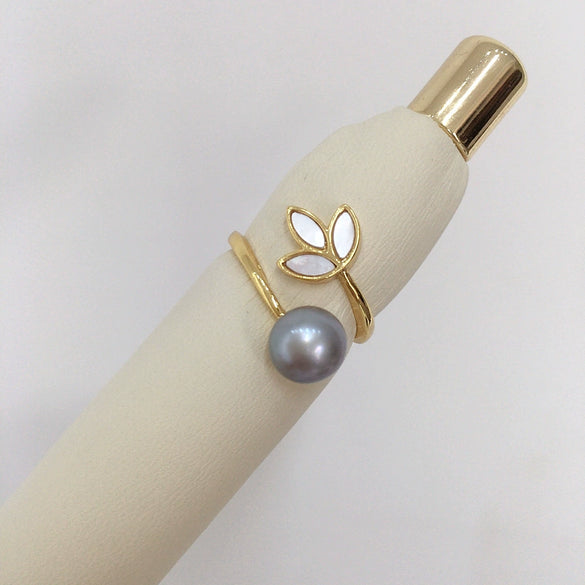 Freshwater Pearl Seashell Fritillaria Clover Ring Copper 18K Real Gold Electroplated Women's Fashion