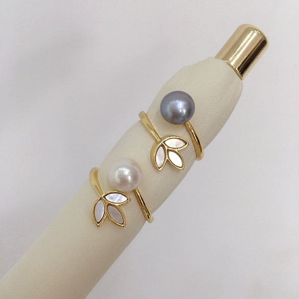 Freshwater Pearl Seashell Fritillaria Clover Ring Copper 18K Real Gold Electroplated Women's Fashion