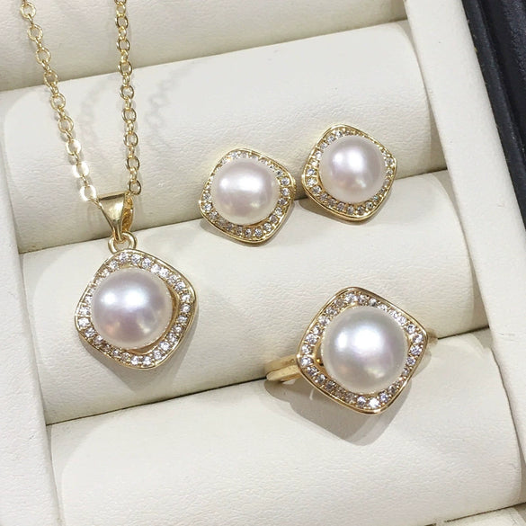 Freshwater Pearl Square Pendant Earrings Ring Set Jewelry
