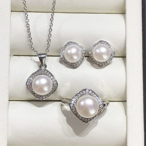 Freshwater Pearl Square Pendant Earrings Ring Set Jewelry