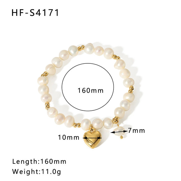 Freshwater Pearl Stitching Steel Ball Titanium Steel Women's Bracelet With Peach Heart Stainless Steel Pendant And 18K Furnace Vacuum Plating