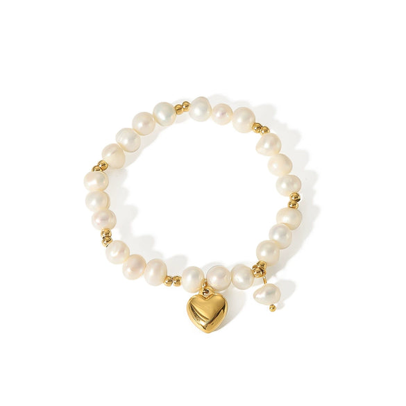Freshwater Pearl Stitching Steel Ball Titanium Steel Women's Bracelet With Peach Heart Stainless Steel Pendant And 18K Furnace Vacuum Plating