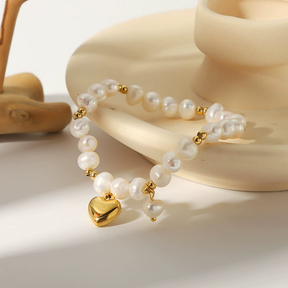 Freshwater Pearl Stitching Steel Ball Titanium Steel Women's Bracelet With Peach Heart Stainless Steel Pendant And 18K Furnace Vacuum Plating