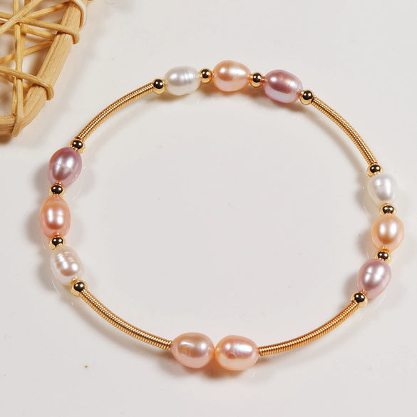 Freshwater Pearl Winding Handmade Women's Casual Double Layer Bracelet Copper Alloy Accessories Near Circle Shape