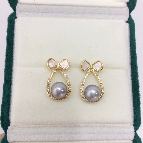 Freshwater Pearl Women's Earring Sweet Bow Design 18K Goldfilled And S925 Sterling Silver Oblate And Round Shape