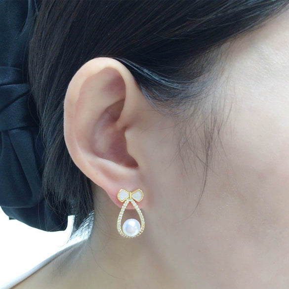 Freshwater Pearl Women's Earring Sweet Bow Design 18K Goldfilled And S925 Sterling Silver Oblate And Round Shape