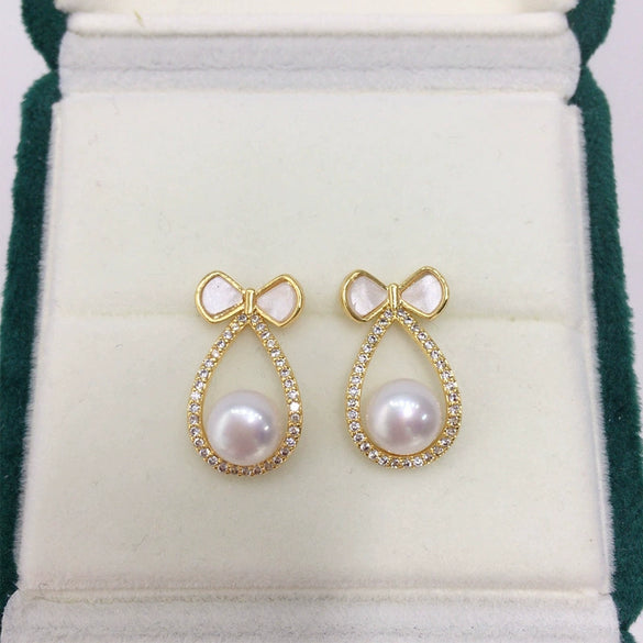Freshwater Pearl Women's Earring Sweet Bow Design 18K Goldfilled And S925 Sterling Silver Oblate And Round Shape