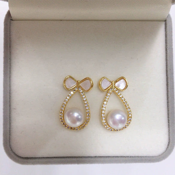Freshwater Pearl Women's Earring Sweet Bow Design 18K Goldfilled And S925 Sterling Silver Oblate And Round Shape