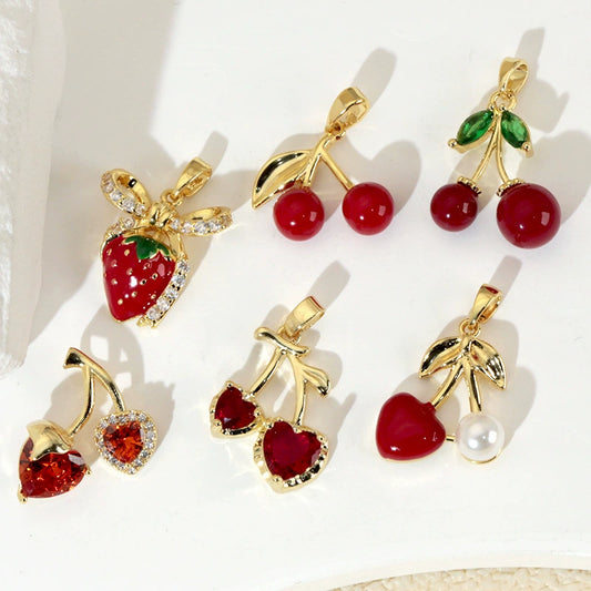 Fruit Cherry Strawberry Pendant Copper Micro Inlaid Zircon Electroplated Pendant For Bracelet Neckchain