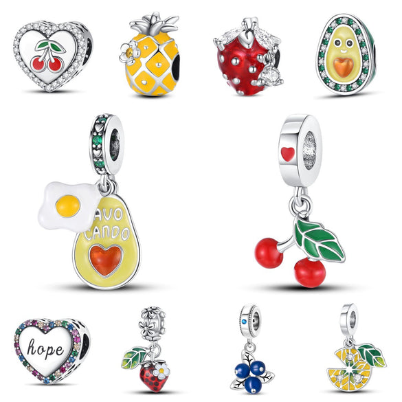 Fruit Series Avocado Cherry Pendant Diy Bead Bracelet White Copper Silver Plated Dripping Oil