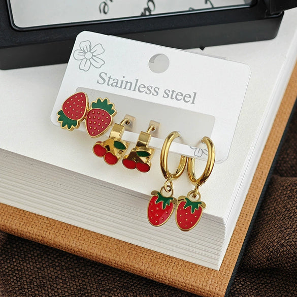 Fruit Series Strawberry Cherry Titanium Steel Electroplated Women's Fashion Earrings
