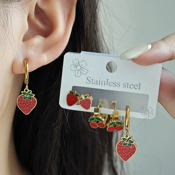 Fruit Series Strawberry Cherry Titanium Steel Electroplated Women's Fashion Earrings