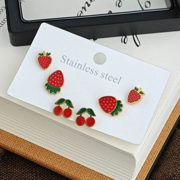 Fruit Series Strawberry Cherry Titanium Steel Electroplated Women's Fashion Earrings