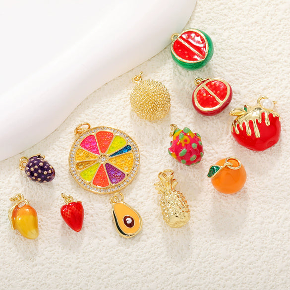 Fruit Shaped Copper Diy Jewelry Pendant With Oil Dripping Design Watermelon Durian Mango Strawberry Apple