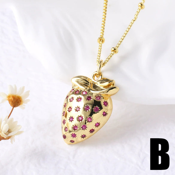 Fruit Strawberry Cherry Pendant Necklace Copper Electroplated For Women