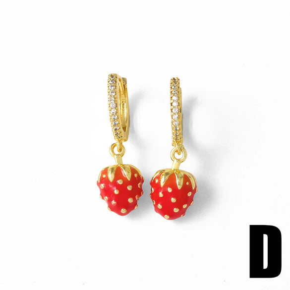Fruit Strawberry Pitaya Drop Gold Plated Copper Pendant Earrings For Women