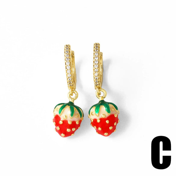 Fruit Strawberry Pitaya Drop Gold Plated Copper Pendant Earrings For Women