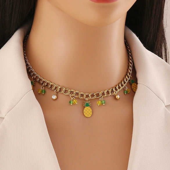 Fruit Watermelon Pineapple Pendant Necklace Stainless Steel Jewelry Electroplating