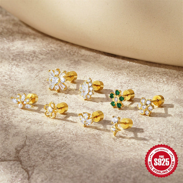 Full Body S925 Sterling Silver Round Zircon Earring With Single Row Diamond Puncture Geometric Pattern For Unisex