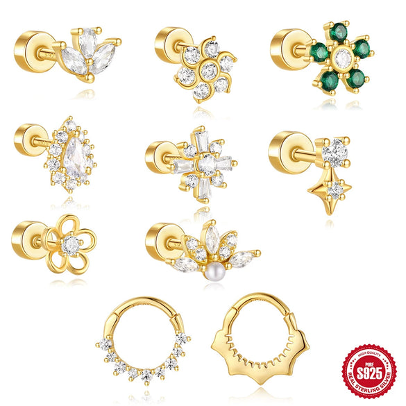 Full Body S925 Sterling Silver Round Zircon Earring With Single Row Diamond Puncture Geometric Pattern For Unisex