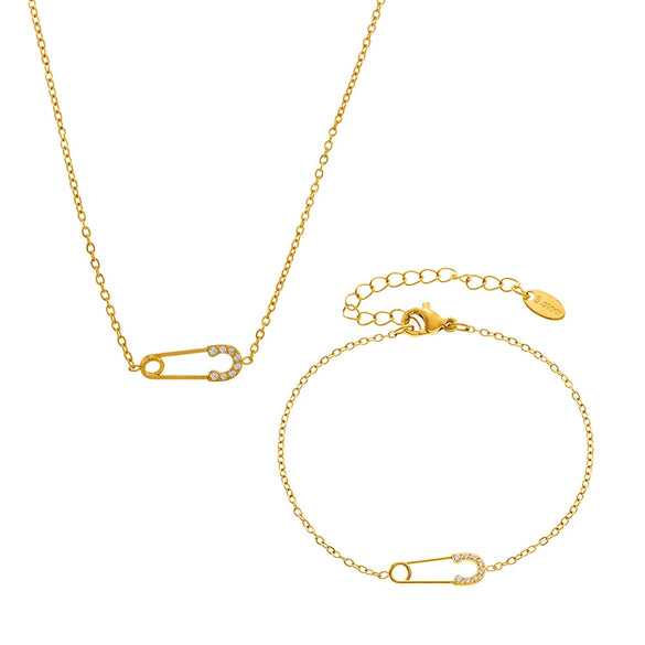 Full Diamond 5A Zircon Pin Stainless Steel Necklace Bracelet Jewelry Suit For Women With Electroplating Design Light Luxury Style