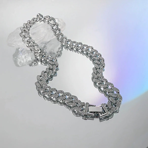 Full Diamond Cuban Chain Hip Hop Jewelry For Men And Women Alloy Material Geometric Pattern Trendy Cool Street Style Thick Chain Accessories