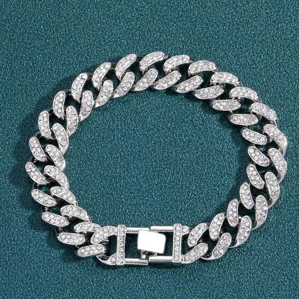 Full Diamond Cuban Chain Hip Hop Jewelry For Men And Women Alloy Material Geometric Pattern Trendy Cool Street Style Thick Chain Accessories