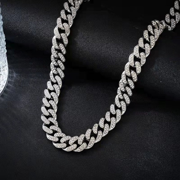 Full Diamond Cuban Chain Hip Hop Jewelry For Men And Women Alloy Material Geometric Pattern Trendy Cool Street Style Thick Chain Accessories