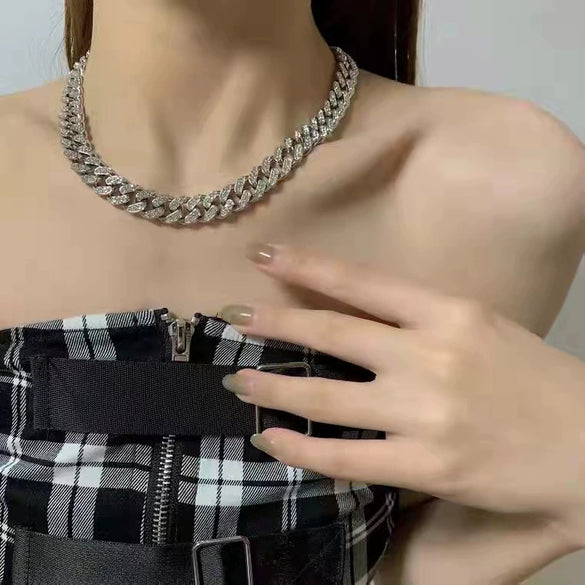 Full Diamond Cuban Chain Hip Hop Jewelry For Men And Women Alloy Material Geometric Pattern Trendy Cool Street Style Thick Chain Accessories