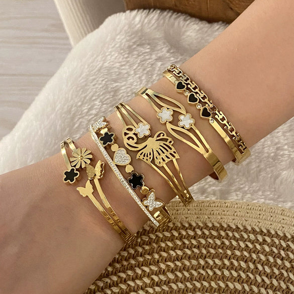 Full Diamond Flower Love Butterfly Stainless Steel Bracelet With Electroplating