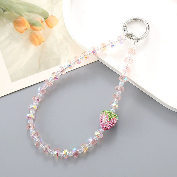 Full Diamond Strawberry Crystal Beaded Handmade Mobile Phone Chain Jewelry Headphone Shell Anti Lost Pendant Key Chain
