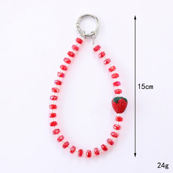 Full Diamond Strawberry Crystal Beaded Handmade Mobile Phone Chain Jewelry Headphone Shell Anti Lost Pendant Key Chain