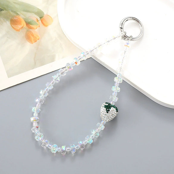 Full Diamond Strawberry Crystal Beaded Handmade Mobile Phone Chain Jewelry Headphone Shell Anti Lost Pendant Key Chain