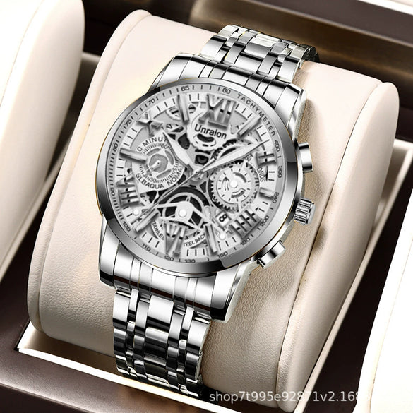 Fullautomatic Movement Men's Calendar Waterproof Luminous Nonmechanical Watch With Round Dial Alloy Case Genuine Leather Strap And Stainless Steel Clasp