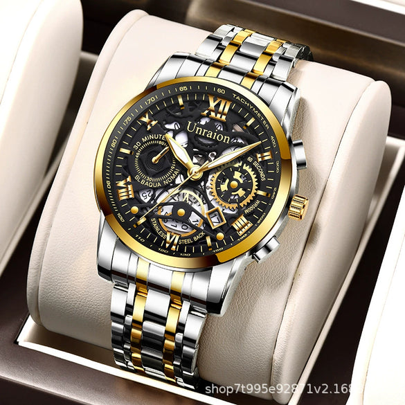 Fullautomatic Movement Men's Calendar Waterproof Luminous Nonmechanical Watch With Round Dial Alloy Case Genuine Leather Strap And Stainless Steel Clasp