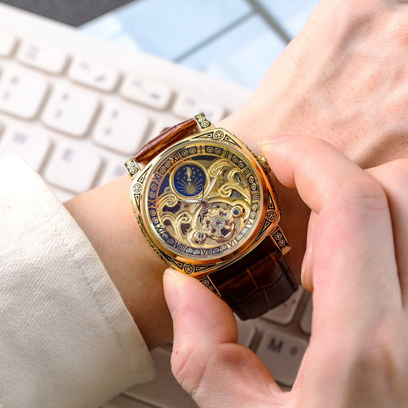 Fully Automatic Mechanical Men's Watch With Hollowedout Transparent Back Luminous Moon Phase Genuine Leather Strap Alloy Case And Mineral Reinforced Glass Mirror